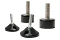 Side view of four metal threaded adjustable feet with rubber bases: two with tapered bases and two with straight sides.