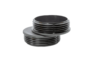 Two black plastic round tube inserts. One upside down on top of the other.
