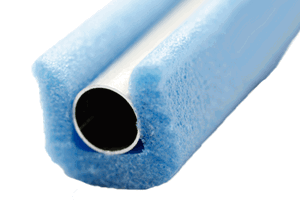End view of blue foam packaging protector fitted to tube.