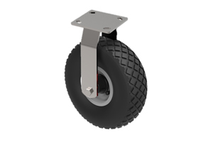 Castor with a black rubber puncture proof wheel with a metal bracket