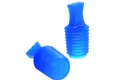 Two blue Silicone plugs with pull handles and a hollow, ribbed body.