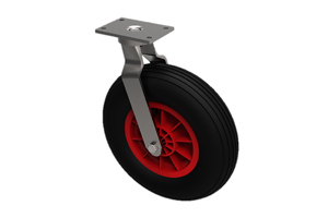 Castor with a black rubber puncture proof wheel with a metal swivel bracket
