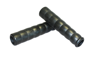 Angled top down view of two black plastic grips with a smooth matte finish and contoured finger grooves along their length.