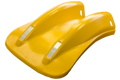 Diagonal side view of a yellow Armco fintail crash barrier