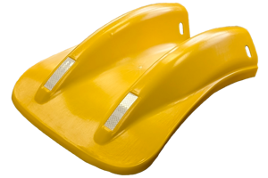 Diagonal side view of a yellow Armco fintail crash barrier