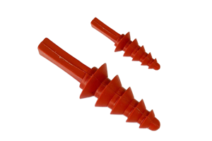 Two Red Silicone masking plugs Each with five different sized flanges and a pull tab