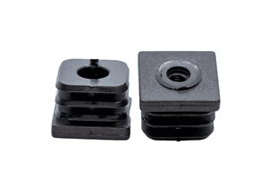 Two black plastic square tube inserts with threaded holes. Both standing up, showing opposite ends.
