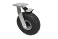 Castor with a black rubber puncture proof wheel with a metal swivel bracket and integrated brake.