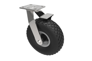 Castor with a black rubber puncture proof wheel with a metal swivel bracket and integrated brake.