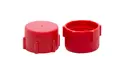 Side-by-side view of two red, LDPE British Standard Pipe threaded caps—one facing up and one facing down.