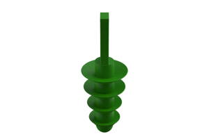 An angled view of a 3D modelled Green Silicone masking plug. With five different sized flanges and a pull tab.