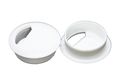 Two white plastic desk cable tidies on plain background.