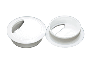 Two white plastic desk cable tidies on plain background.