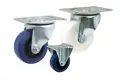 Three castors. Two with blue rubber tyres and one with a white plastic wheel. All with metal brackets.