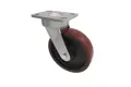 Angled view of a 3D modelled swivel castor. Brown rubber tyre on black wheel centre with a metal bracket.