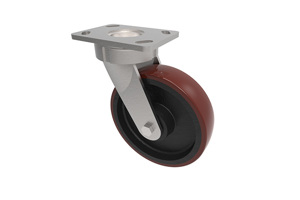 Angled view of a 3D modelled swivel castor. Brown rubber tyre on black wheel centre with a metal bracket.