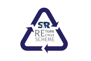 Version of the recycling triangle logo on blue stating S&R return and recycle scheme.