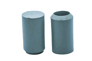 Side view of two grey rubber straight-sided injection moulded feet with a flat base.