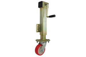 Castor with a red rubber tyre. With a height adjustable bracket operated by a handle.